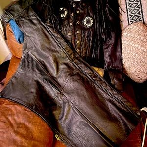 Western style leather motorcycle jacket and chaps
